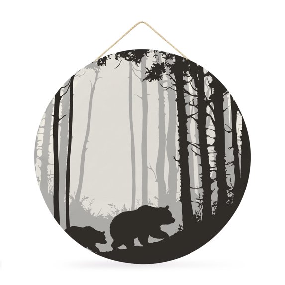 Welcome Sign for Front Door,Forest Bear Round Metal Welcome Front Porch Decoration,Black Grey Country Farmhouse Nature Tree Wall Hanging Sign for Living Room Kitchen Hallway Housewarming Gift 12''