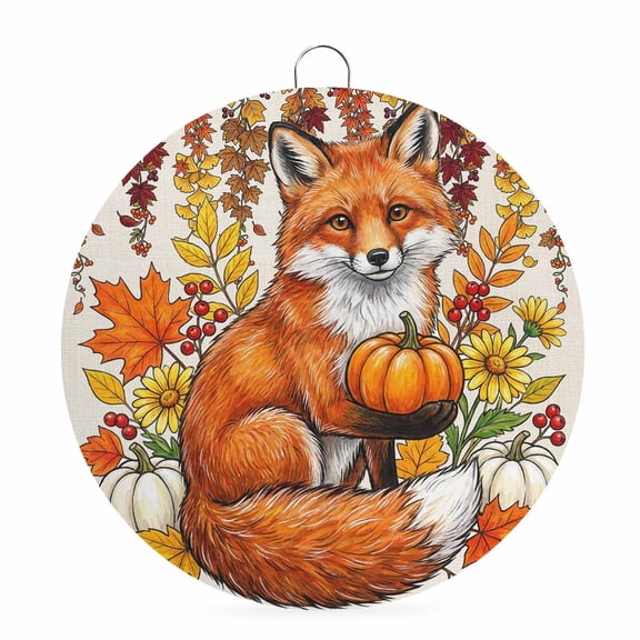 Welcome Sign for Front Door, Fox Thanksgiving Round Metal Wall Art Wreaths, Fall Pumpkins Leaves Rustic Outdoor Indoor Wall Hanging Sign for Porch Decor Housewarming Gifts 5.9 Inch