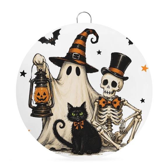 Welcome Sign for Front Door, Funny Ghost Halloween Round Metal Wall Art Wreaths, Black Cats Skull Bats Outdoor Indoor Wall Hanging Sign for Porch Decor Housewarming Gifts 5.9 Inch