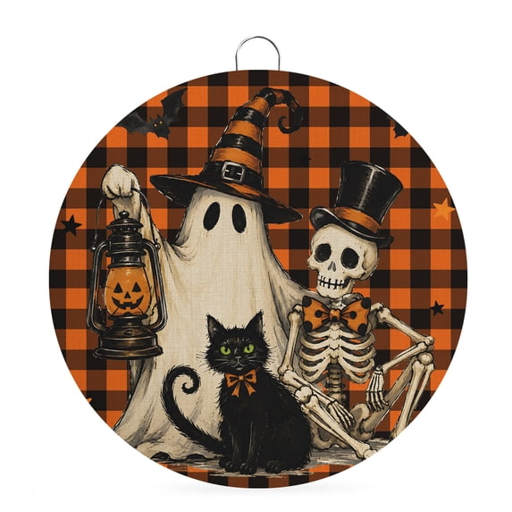 Welcome Sign for Front Door, Funny Ghost Halloween Round Metal Wall Art Wreaths, Black Cats Skull Orange Plaid Outdoor Indoor Wall Hanging Sign for Porch Decor Housewarming Gifts 7.9 Inch