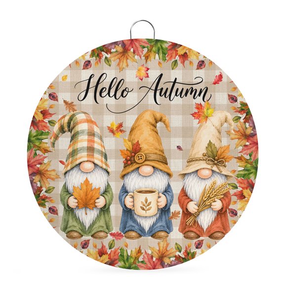 Welcome Sign for Front Door, Gnomes Fall Round Metal Wall Art Wreaths, Thanksgiving Maple Leaves Autumn Plaid Outdoor Indoor Wall Hanging Sign for Porch Decor Housewarming Gifts 7.9 Inch