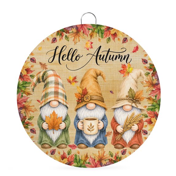 Welcome Sign for Front Door, Gnomes Fall Round Metal Wall Art Wreaths, Thanksgiving Maple Leaves Rustic Autumn Outdoor Indoor Wall Hanging Sign for Porch Decor Housewarming Gifts 5.9 Inch