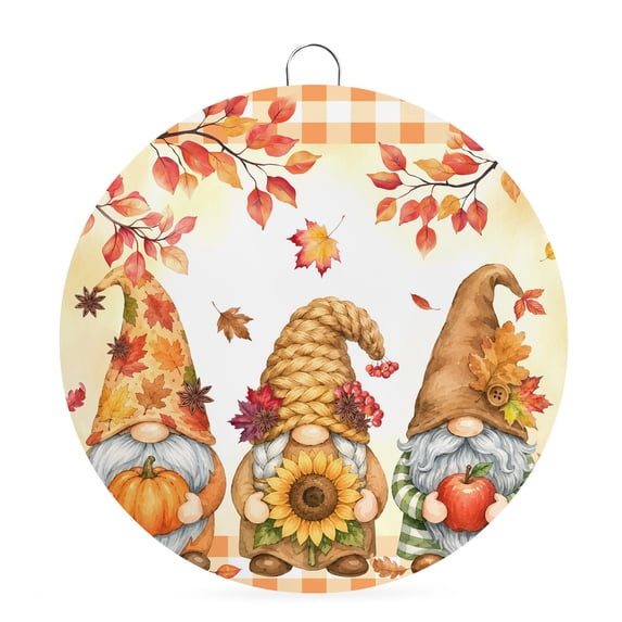 Welcome Sign for Front Door, Gnomes Fall Round Metal Wall Art Wreaths, Thanksgiving Pumpkin Leaves Orange Plaid Outdoor Indoor Wall Hanging Sign for Porch Decor Housewarming Gifts 5.9 Inch