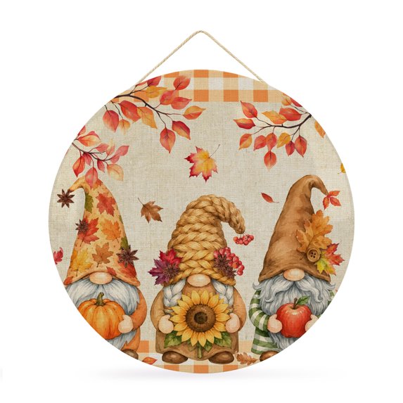 Welcome Sign for Front Door, Gnomes Fall Round Metal Wall Art Wreaths, Thanksgiving Pumpkin Leaves Rustic Plaid Outdoor Indoor Wall Hanging Sign for Porch Decor Housewarming Gifts 11.8 Inch