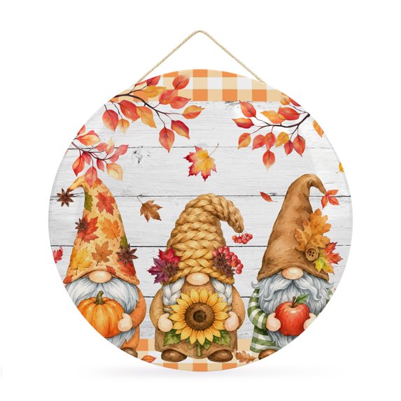 Welcome Sign for Front Door, Gnomes Fall Round Metal Wall Art Wreaths, Thanksgiving Pumpkin Leaves Wooden Plaid Outdoor Indoor Wall Hanging Sign for Porch Decor Housewarming Gifts 11.8 Inch