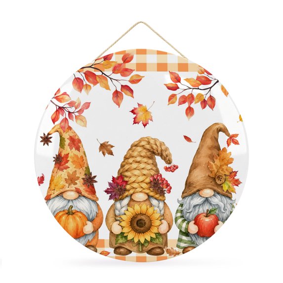 Welcome Sign for Front Door, Gnomes Fall Round Metal Wall Art Wreaths, Thanksgiving Pumpkin Maple Leaves Plaid Outdoor Indoor Wall Hanging Sign for Porch Decor Housewarming Gifts 11.8 Inch