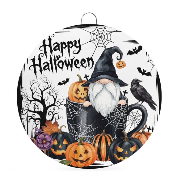 Welcome Sign for Front Door, Gnomes Halloween Round Metal Wall Art Wreaths, Horror Pumpkins Black Birds Trees Outdoor Indoor Wall Hanging Sign for Porch Decor Housewarming Gifts 7.9 Inch