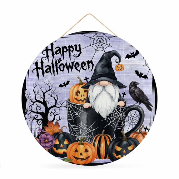 Welcome Sign for Front Door, Gnomes Halloween Round Metal Wall Art Wreaths, Horror Pumpkins Black Trees Purple Outdoor Indoor Wall Hanging Sign for Porch Decor Housewarming Gifts 11.8 Inch