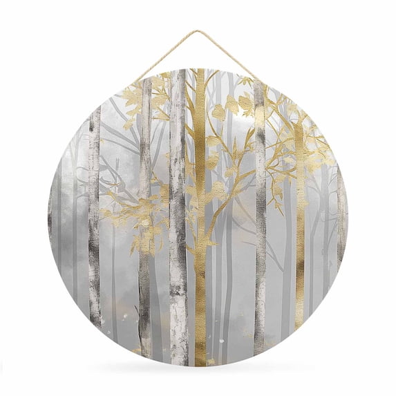 Welcome Sign for Front Door,Golden Grey Tree Round Metal Welcome Front Porch Decoration,Oil Painting Forest Abstract Art Wall Hanging Sign for Living Room Kitchen Hallway Housewarming Gift 12''