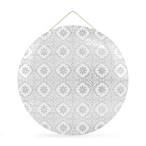 Welcome Sign for Front Door, Gray Petals Round Metal Wall Art Wreaths, Abstract Floral Grids Boho Mediterranean Outdoor Indoor Wall Hanging Sign for Porch Decor Housewarming Gifts 11.8 Inch