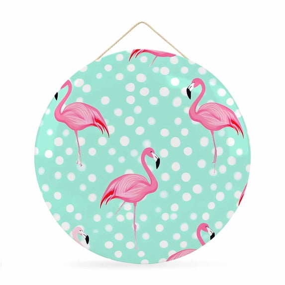 Welcome Sign for Front Door, Green Flamingo Round Metal Welcome Front Porch Decoration, Polka Dot Modern Art Entryway Wall Hanging Sign for Living Room Kitchen Hallway Housewarming Gift 12''