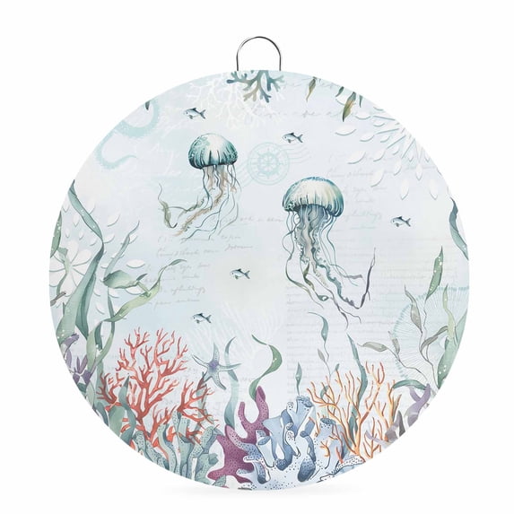 Welcome Sign for Front Door,Green Jellyfish Coastal Round Metal Welcome Front Porch Decor,Summer Beach Coral Starfish Nautical Wall Hanging Sign for Living Room Kitchen Hallway Housewarming Gift 8''