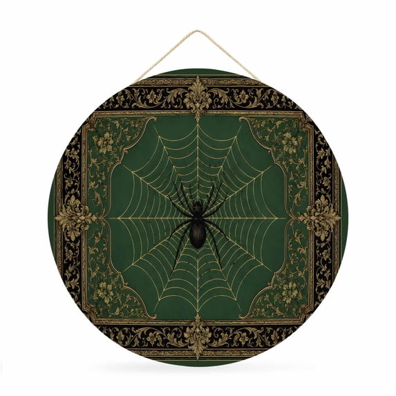 Welcome Sign for Front Door, Green Middle Century Round Metal Wall Art Wreaths, Halloween Spiders Floral Luxury Outdoor Indoor Wall Hanging Sign for Porch Decor Housewarming Gifts 11.8 Inch