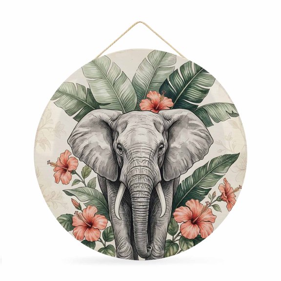 Welcome Sign for Front Door,Grey Elephant Round Metal Welcome Front Porch Decoration,Boho Tropical Palm Leaves Flowers Animals Wall Hanging Sign for Living Room Kitchen Hallway Housewarming Gift 12''