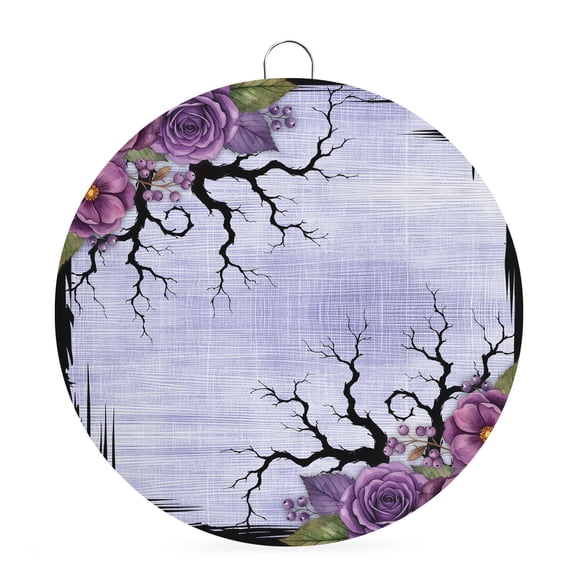 Welcome Sign for Front Door, Halloween Floral Round Metal Wall Art Wreaths, Fall Country Spooky Branches Plants Purple Outdoor Indoor Wall Hanging Sign for Porch Decor Housewarming Gifts 5.9 Inch