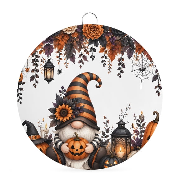 Welcome Sign for Front Door, Halloween Orange Gnomes Round Metal Wall Art Wreaths, Fall Horror Scary Pumpkins Leaves Outdoor Indoor Wall Hanging Sign for Porch Decor Housewarming Gifts 5.9 Inch