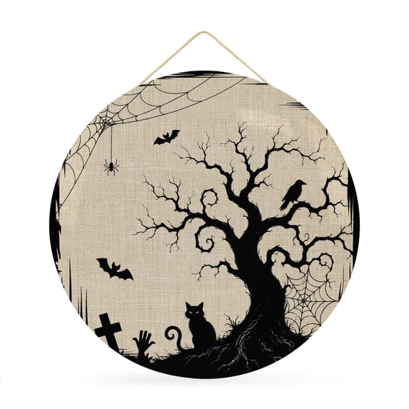 Welcome Sign for Front Door, Halloween Round Metal Wall Art Wreaths, Black Ghost Trees Bats Cats Rustic Fall Beige Outdoor Indoor Wall Hanging Sign for Porch Decor Housewarming Gifts 11.8 Inch