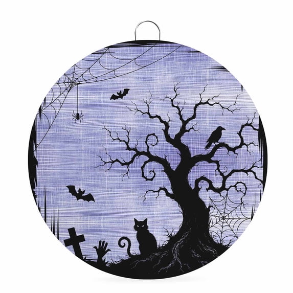 Welcome Sign for Front Door, Halloween Round Metal Wall Art Wreaths, Black Horror Trees Bats Cats Birds Rustic Purple Outdoor Indoor Wall Hanging Sign for Porch Decor Housewarming Gifts 5.9 Inch