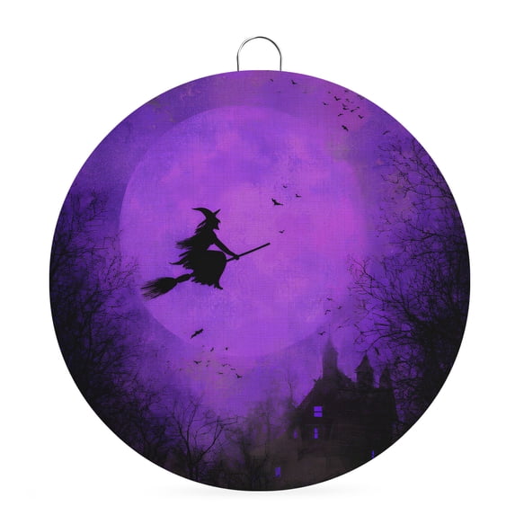 Welcome Sign for Front Door, Halloween Round Metal Wall Art Wreaths, Castle Witch Horror Tree Moon Bat Purple Outdoor Indoor Wall Hanging Sign for Porch Decor Housewarming Gifts 5.9 Inch