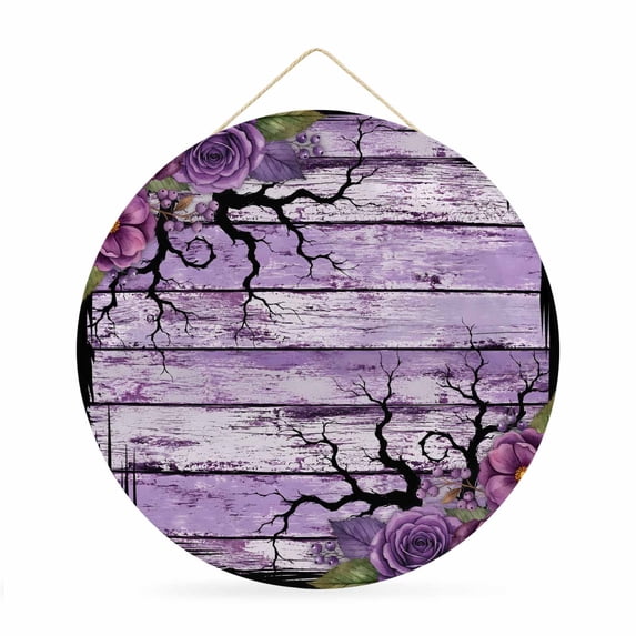Welcome Sign for Front Door, Halloween Round Metal Wall Art Wreaths, Fall Farmhouse Horror Floral Trees Wooden Purple Outdoor Indoor Wall Hanging Sign for Porch Decor Housewarming Gifts 11.8 Inch