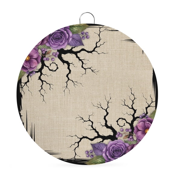 Welcome Sign for Front Door, Halloween Round Metal Wall Art Wreaths, Fall Farmhouse Spooky Branches Flowers Beige Outdoor Indoor Wall Hanging Sign for Porch Decor Housewarming Gifts 5.9 Inch