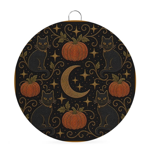 Welcome Sign for Front Door, Halloween Round Metal Wall Art Wreaths, Fall Orange Pumpkin Cats Moonlight Rustic Black Outdoor Indoor Wall Hanging Sign for Porch Decor Housewarming Gifts 5.9 Inch