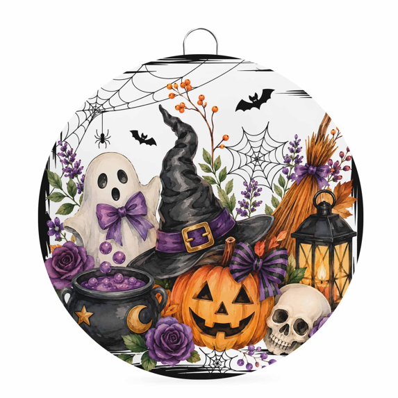 Welcome Sign for Front Door, Halloween Round Metal Wall Art Wreaths, Fall Pumpkins Ghost Bats Witch Hat Plants Rustic Outdoor Indoor Wall Hanging Sign for Porch Decor Housewarming Gifts 7.9 Inch
