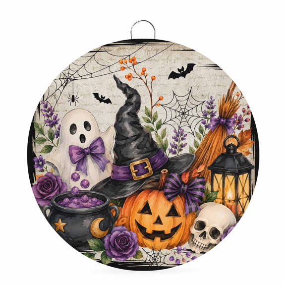 Welcome Sign for Front Door, Halloween Round Metal Wall Art Wreaths, Fall Pumpkins Ghost Floral Bats Witch Hat Beige Outdoor Indoor Wall Hanging Sign for Porch Decor Housewarming Gifts 7.9 Inch