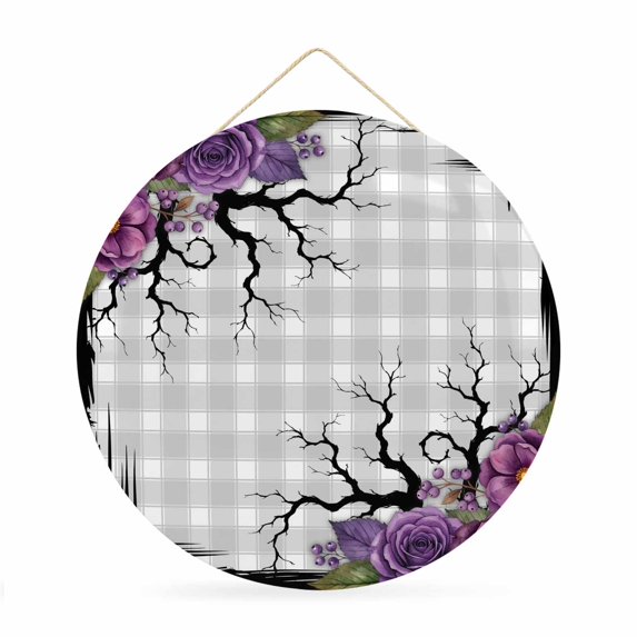Welcome Sign for Front Door, Halloween Round Metal Wall Art Wreaths, Fall Rustic Botanical Floral Trees Plaid Gray Outdoor Indoor Wall Hanging Sign for Porch Decor Housewarming Gifts 11.8 Inch