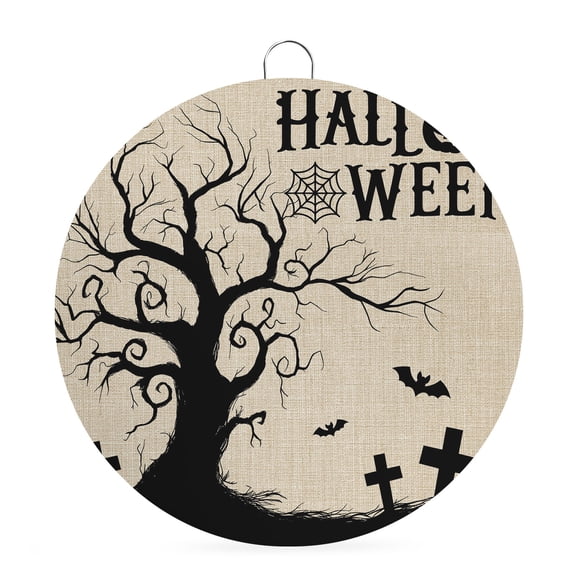 Welcome Sign for Front Door, Halloween Round Metal Wall Art Wreaths, Fall Rustic Trees Bats Pumpkins Horror Beige Outdoor Indoor Wall Hanging Sign for Porch Decor Housewarming Gifts 7.9 Inch
