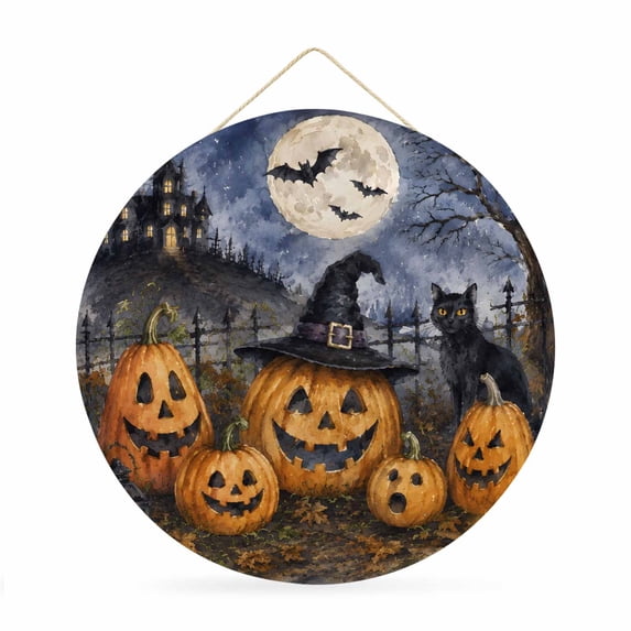 Welcome Sign for Front Door, Halloween Round Metal Wall Art Wreaths, Fall Spooky Pumpkins Cats Bats Haunted-House Rustic Outdoor Indoor Wall Hanging Sign for Porch Decor Housewarming Gifts 11.8 Inch