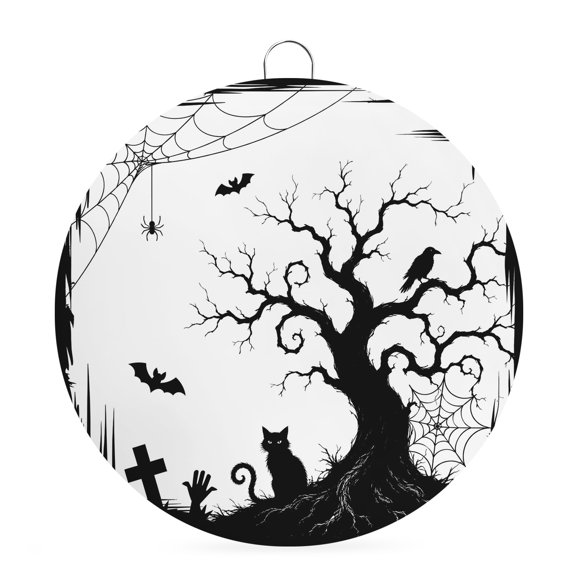 Welcome Sign for Front Door, Halloween Round Metal Wall Art Wreaths, Fall Spooky Tree Branches Bats Cats Rustic Black Outdoor Indoor Wall Hanging Sign for Porch Decor Housewarming Gifts 5.9 Inch
