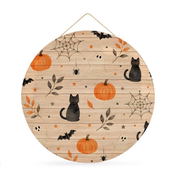 Welcome Sign for Front Door, Halloween Round Metal Wall Art Wreaths, Funny Ghost Black CAt Pumpkins Spi-der Wood Outdoor Indoor Wall Hanging Sign for Porch Decor Housewarming Gifts 11.8 Inch