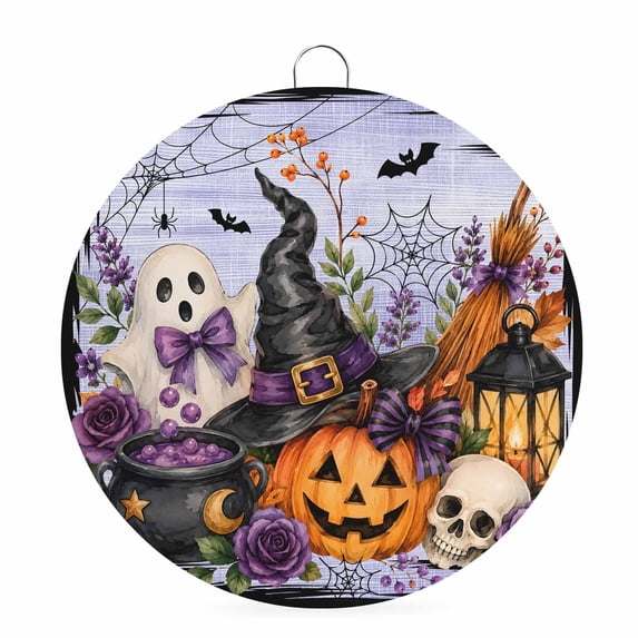 Welcome Sign for Front Door, Halloween Round Metal Wall Art Wreaths, Horror Ghost Pumpkins Floral Bats Witch Hat Purple Outdoor Indoor Wall Hanging Sign for Porch Decor Housewarming Gifts 7.9 Inch