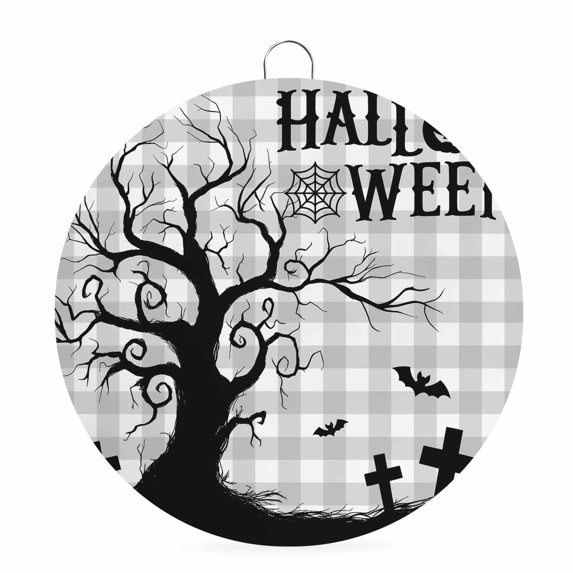 Welcome Sign for Front Door, Halloween Round Metal Wall Art Wreaths, Horror Spooky Bats Trees Pumpkin Fall Plaid Gray Outdoor Indoor Wall Hanging Sign for Porch Decor Housewarming Gifts 7.9 Inch