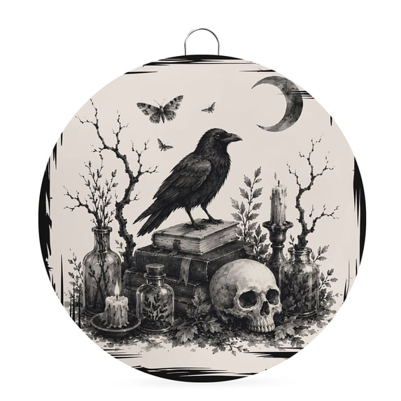 Welcome Sign for Front Door, Halloween Round Metal Wall Art Wreaths, Horrow Spooky Skulls Bats Crow Botanical Rustic Outdoor Indoor Wall Hanging Sign for Porch Decor Housewarming Gifts 7.9 Inch