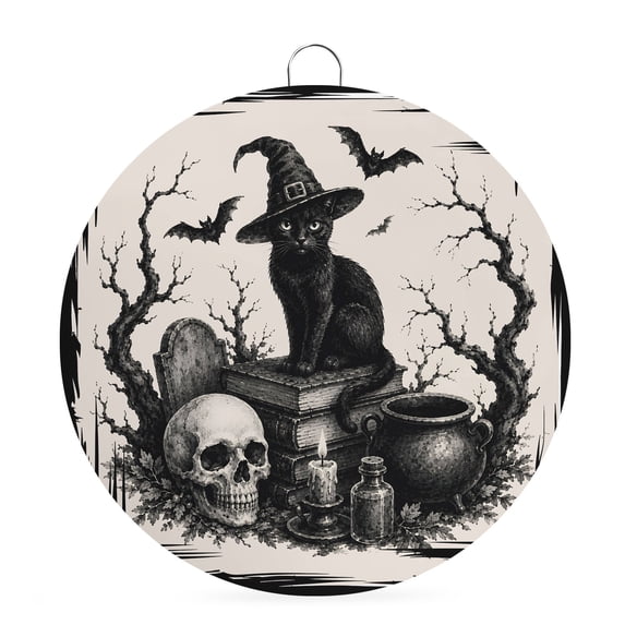 Welcome Sign for Front Door, Halloween Round Metal Wall Art Wreaths, Retro Fall Spooky Cats Skulls Bones Bats Branches Outdoor Indoor Wall Hanging Sign for Porch Decor Housewarming Gifts 5.9 Inch