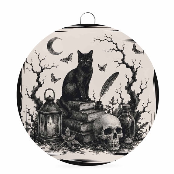 Welcome Sign for Front Door, Halloween Round Metal Wall Art Wreaths, Rustic Horror Skeleton Cats Buttterfly Skull Black Outdoor Indoor Wall Hanging Sign for Porch Decor Housewarming Gifts 5.9 Inch