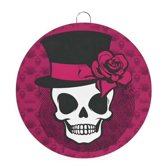 Welcome Sign for Front Door, Halloween Round Metal Wall Art Wreaths, Skull Head Roses Horror Street Art Magenta Outdoor Indoor Wall Hanging Sign for Porch Decor Housewarming Gifts 5.9 Inch