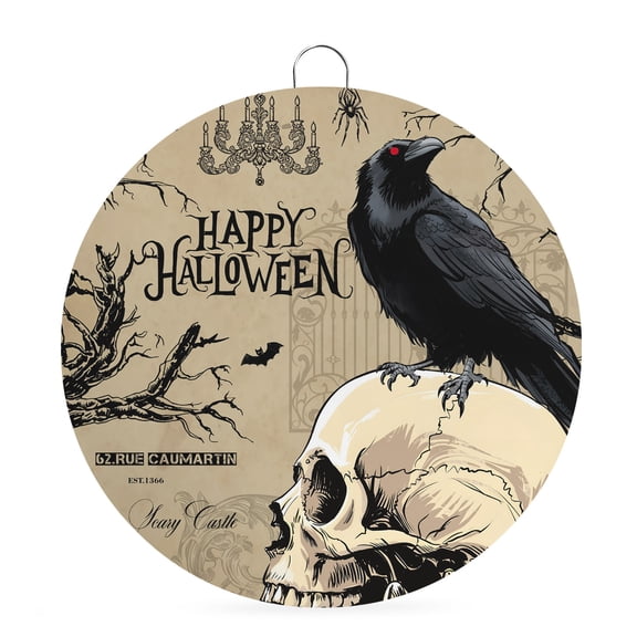 Welcome Sign for Front Door, Halloween Round Metal Wall Art Wreaths, Spooky Black Crow Skull Head Tree Brown Outdoor Indoor Wall Hanging Sign for Porch Decor Housewarming Gifts 5.9 Inch