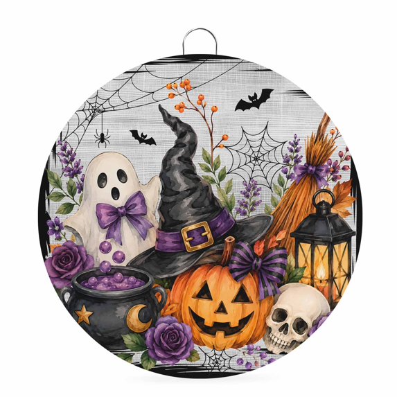 Welcome Sign for Front Door, Halloween Round Metal Wall Art Wreaths, Spooky Ghost Pumpkins Floral Bats Witch Hat Gray Outdoor Indoor Wall Hanging Sign for Porch Decor Housewarming Gifts 7.9 Inch
