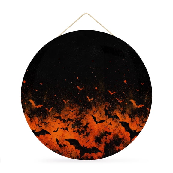 Welcome Sign for Front Door, Halloween Round Metal Wall Art Wreaths, Spooky Night Fiery Glow Bat Swarm Outdoor Indoor Wall Hanging Sign for Porch Decor Housewarming Gifts 11.8 Inch
