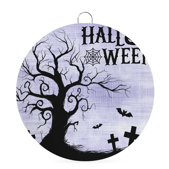Welcome Sign for Front Door, Halloween Round Metal Wall Art Wreaths, Vintage Fall Pumpkin Trees Bats Horror Purple Outdoor Indoor Wall Hanging Sign for Porch Decor Housewarming Gifts 5.9 Inch