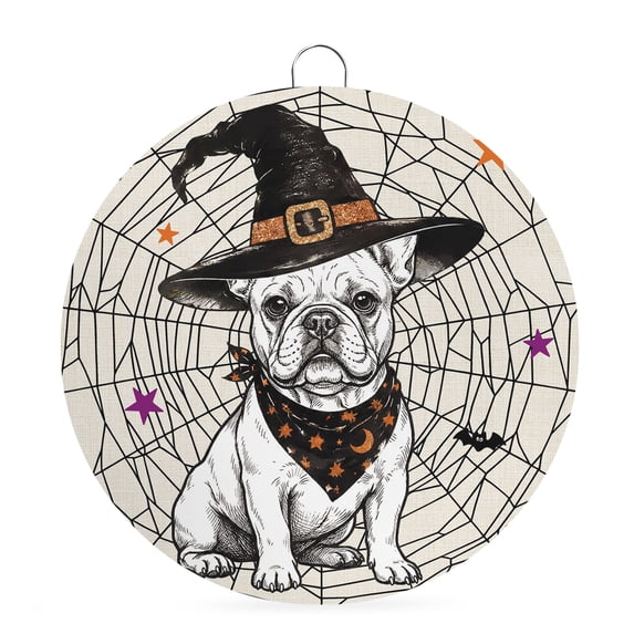 Welcome Sign for Front Door, Halloween Round Metal Wall Art Wreaths, Vintage Horror Dog Hats Web Star Striped Outdoor Indoor Wall Hanging Sign for Porch Decor Housewarming Gifts 7.9 Inch