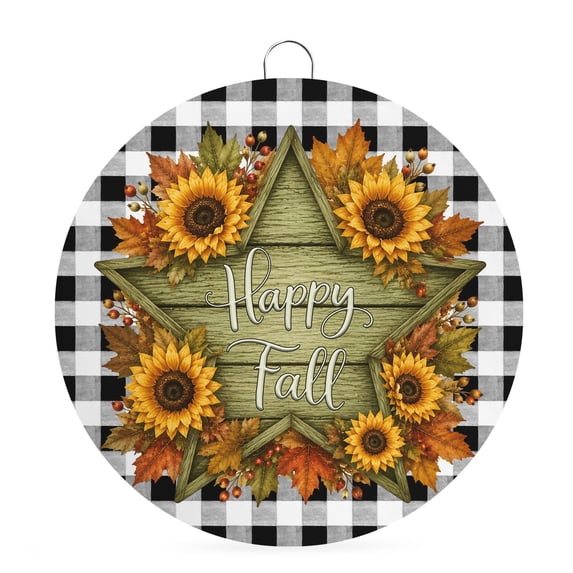 Welcome Sign for Front Door, Happy Fall Round Metal Wall Art Wreaths, Botanical Sunflower Black Checked Thanksgiving Outdoor Indoor Wall Hanging Sign for Porch Decor Housewarming Gifts 5.9 Inch