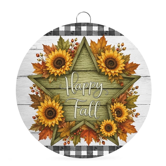 Welcome Sign for Front Door, Happy Fall Round Metal Wall Art Wreaths, Botanical Sunflower Checked Thanksgiving Wood Outdoor Indoor Wall Hanging Sign for Porch Decor Housewarming Gifts 7.9 Inch