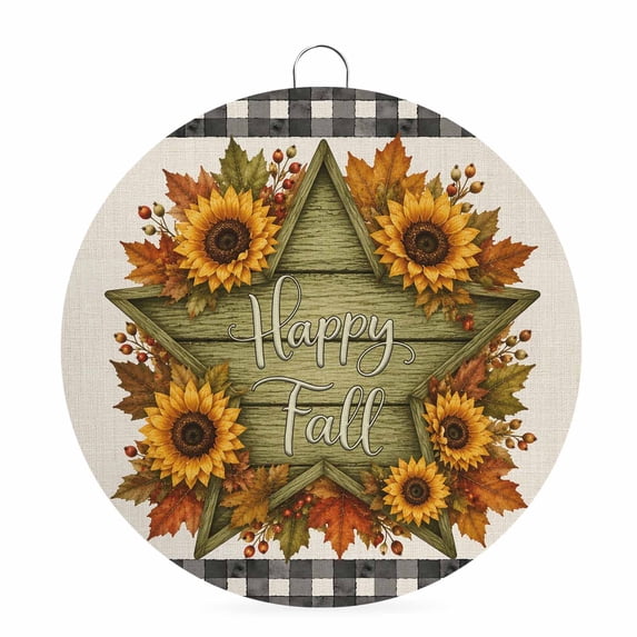 Welcome Sign for Front Door, Happy Fall Round Metal Wall Art Wreaths, Maple Leaves Checked Thanksgiving Farmhouse Outdoor Indoor Wall Hanging Sign for Porch Decor Housewarming Gifts 7.9 Inch