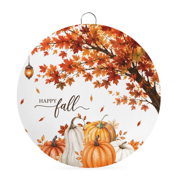 Welcome Sign for Front Door, Happy Fall Round Metal Wall Art Wreaths, Maple Tree Orange Pumpkins Thanksgiving Outdoor Indoor Wall Hanging Sign for Porch Decor Housewarming Gifts 7.9 Inch