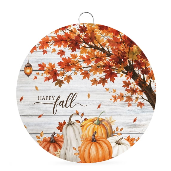 Welcome Sign for Front Door, Happy Fall Round Metal Wall Art Wreaths, Maple Tree Orange Pumpkins Thanksgiving Wood Outdoor Indoor Wall Hanging Sign for Porch Decor Housewarming Gifts 7.9 Inch