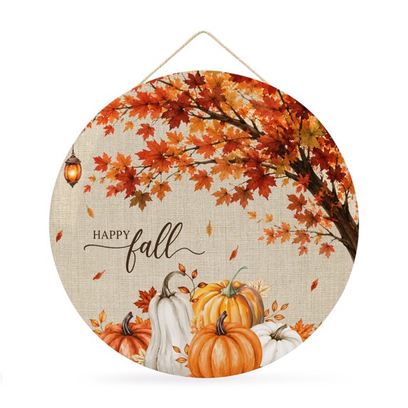 Welcome Sign for Front Door, Happy Fall Round Metal Wall Art Wreaths, Maple Tree Pumpkins Thanksgiving Farmhouse Outdoor Indoor Wall Hanging Sign for Porch Decor Housewarming Gifts 11.8 Inch